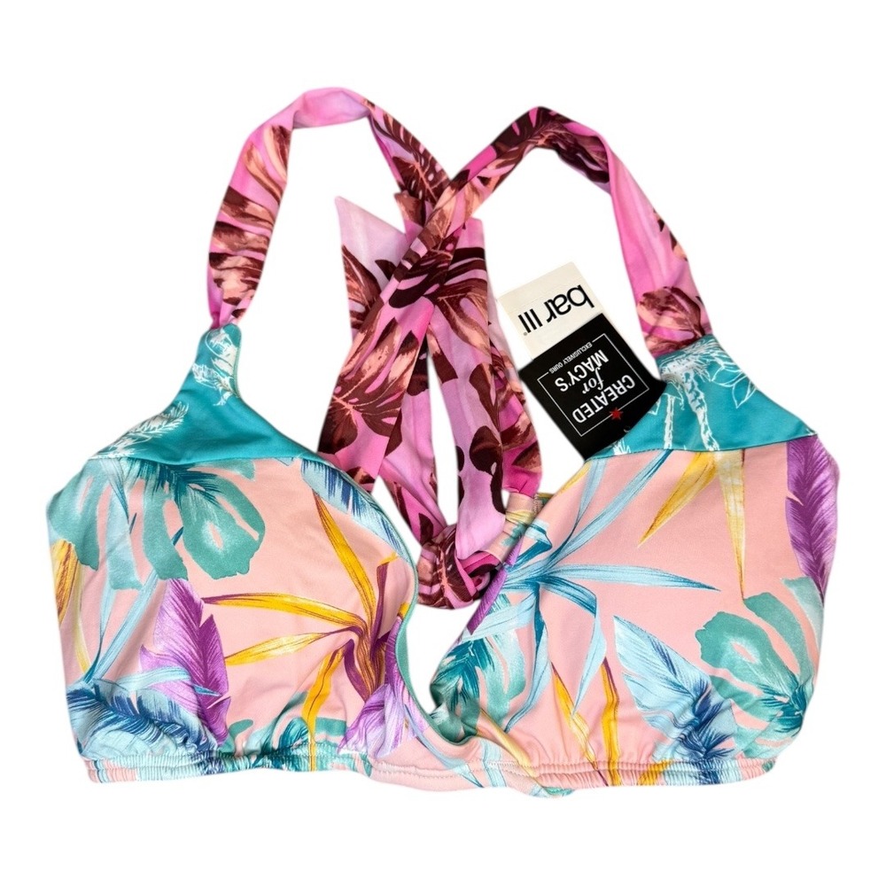 Bar III Tropical Halter Bikini Top Palm Leaf Print Pink‎ Blue Size Medium NWT